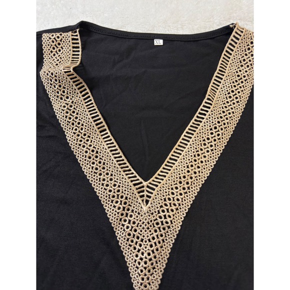 YGJKLIS Womens Black V Neck Short Sleeve Top Lace Trimmed Tunic Shirt XL - Picture 6 of 10